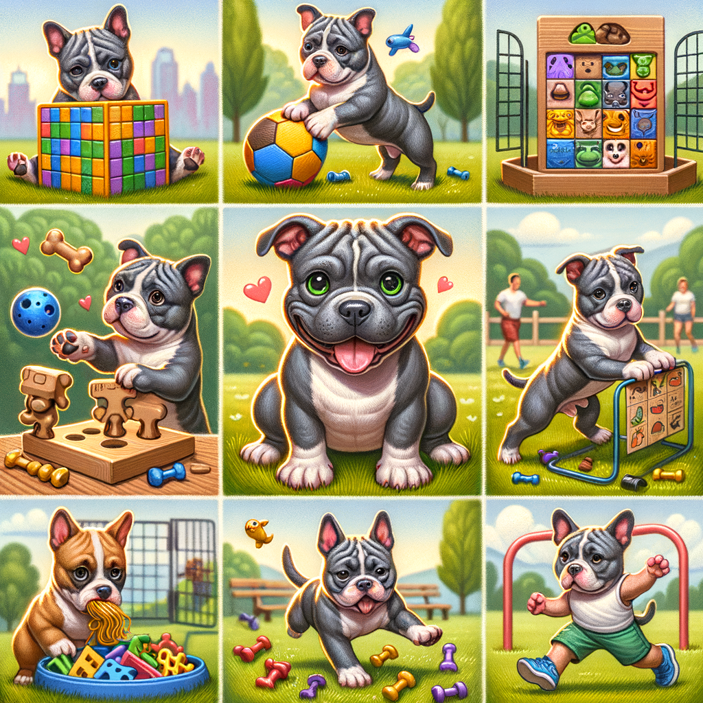 Pocket Bully engaging in fun activities like puzzle toys, park runs, and obedience training for boredom prevention and mental stimulation.