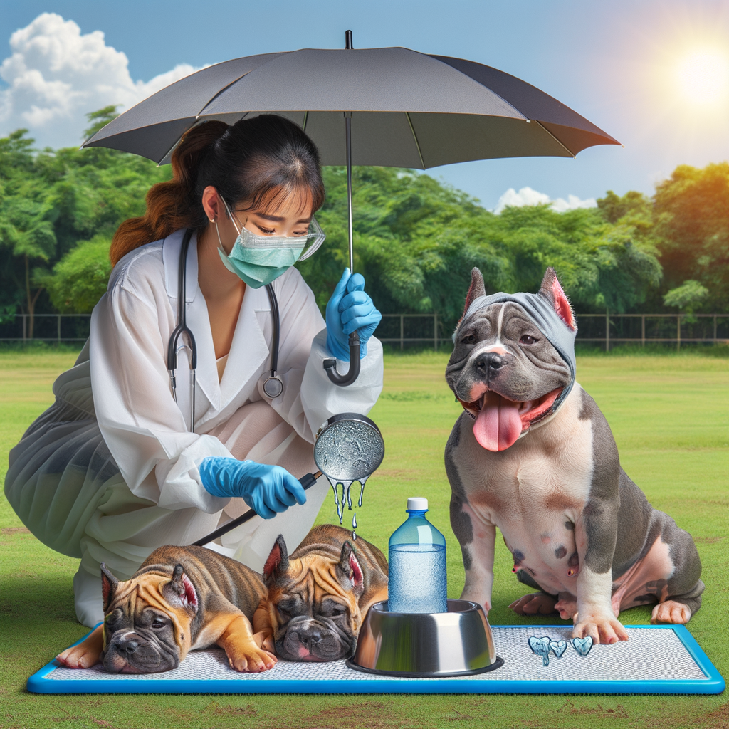Veterinarian demonstrating summer care for Pocket Bullies, emphasizing heat stroke prevention and highlighting Pocket Bullies heat tolerance through cooling techniques, shade, and hydration.
