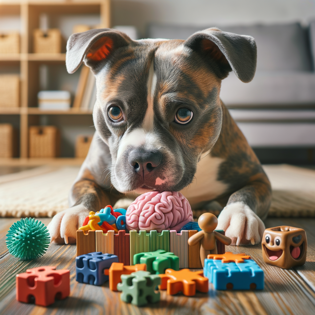 Pocket Bully dog engaging in cognitive enrichment activities like puzzle toys and obedience training, showcasing the importance of mental exercises and brain training for improving their cognition and overall mental health.
