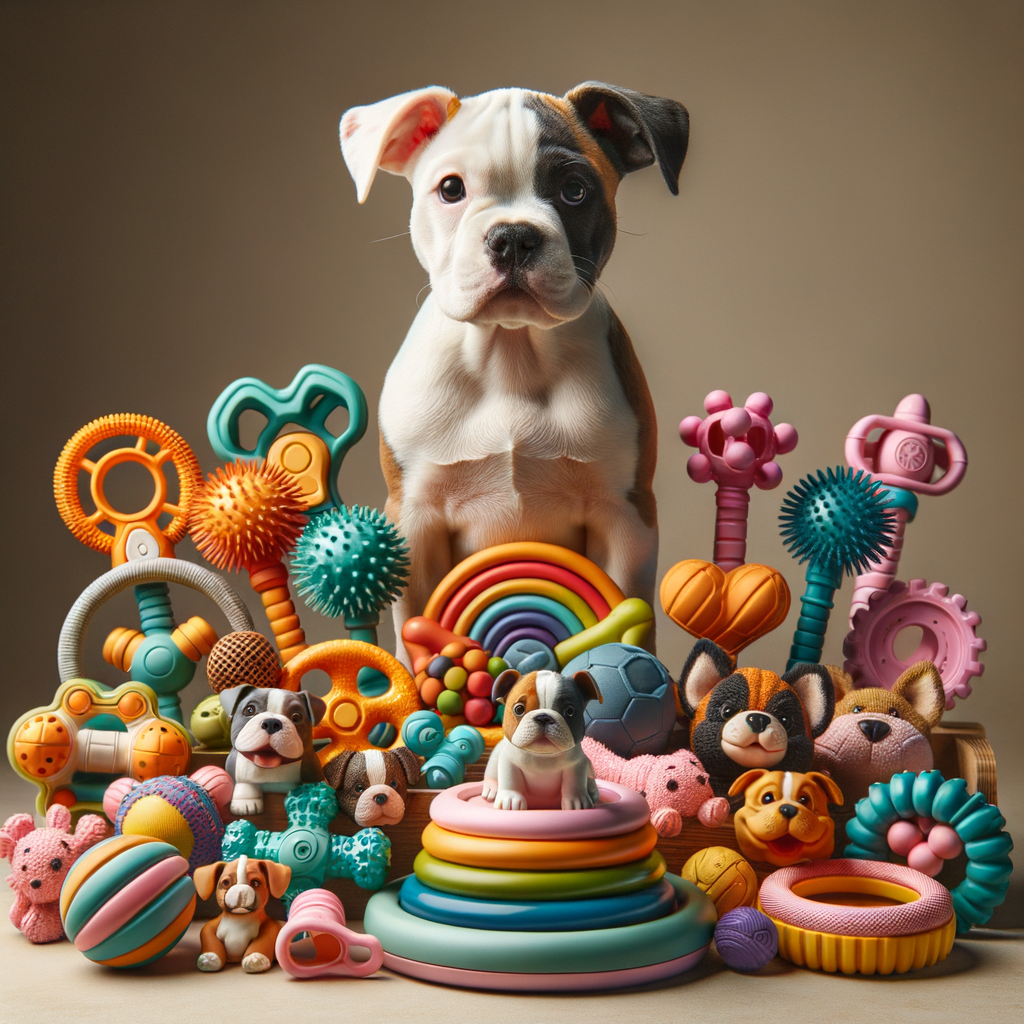Assortment of best, durable, and safe toys for Pocket Bullies play, including chew, puzzle, and fetch toys, recommended for their suitability and safety for Pocket Bullies.