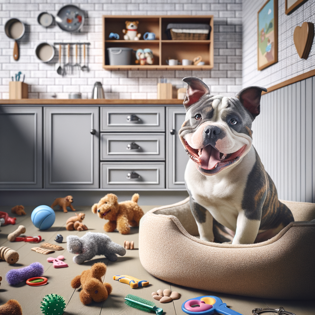 Pocket Bully enjoying a safe home environment with chew-proof toys and secured cabinets, demonstrating effective home safety tips and care for Pocket Bullies.