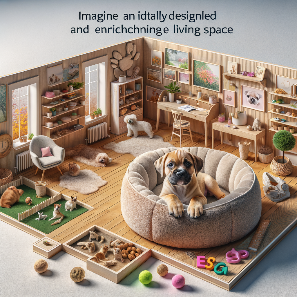 Enriching and comfortable living space for Pocket Bullies featuring indoor habitat design, home improvements, and interactive toys for improved living conditions.