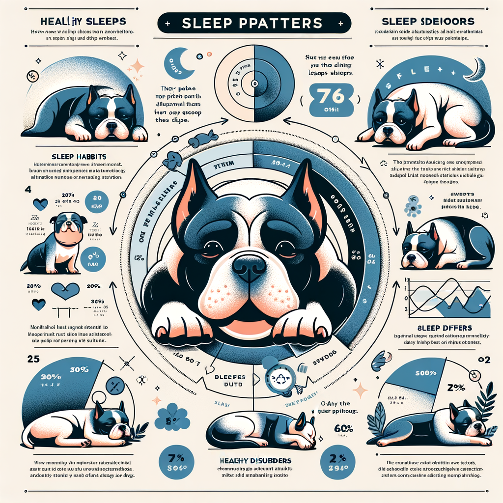 Infographic illustrating normal sleep patterns, habits, and requirements of Pocket Bullies, including tips for healthy sleep behavior, potential sleep disorders, and sleep training techniques.