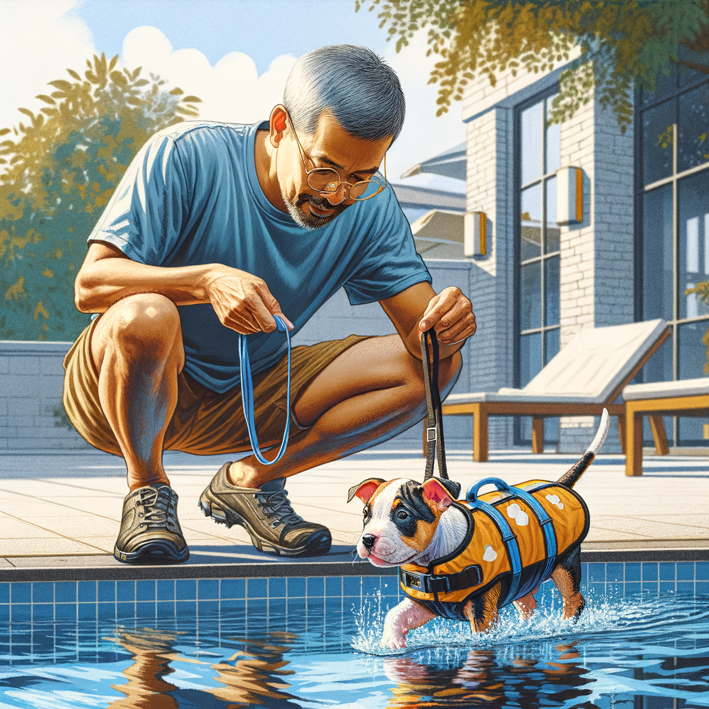 Professional dog trainer safely introducing a Pocket Bully to water activities in a pool, demonstrating Pocket Bullies swimming and water safety techniques to overcome water fear.