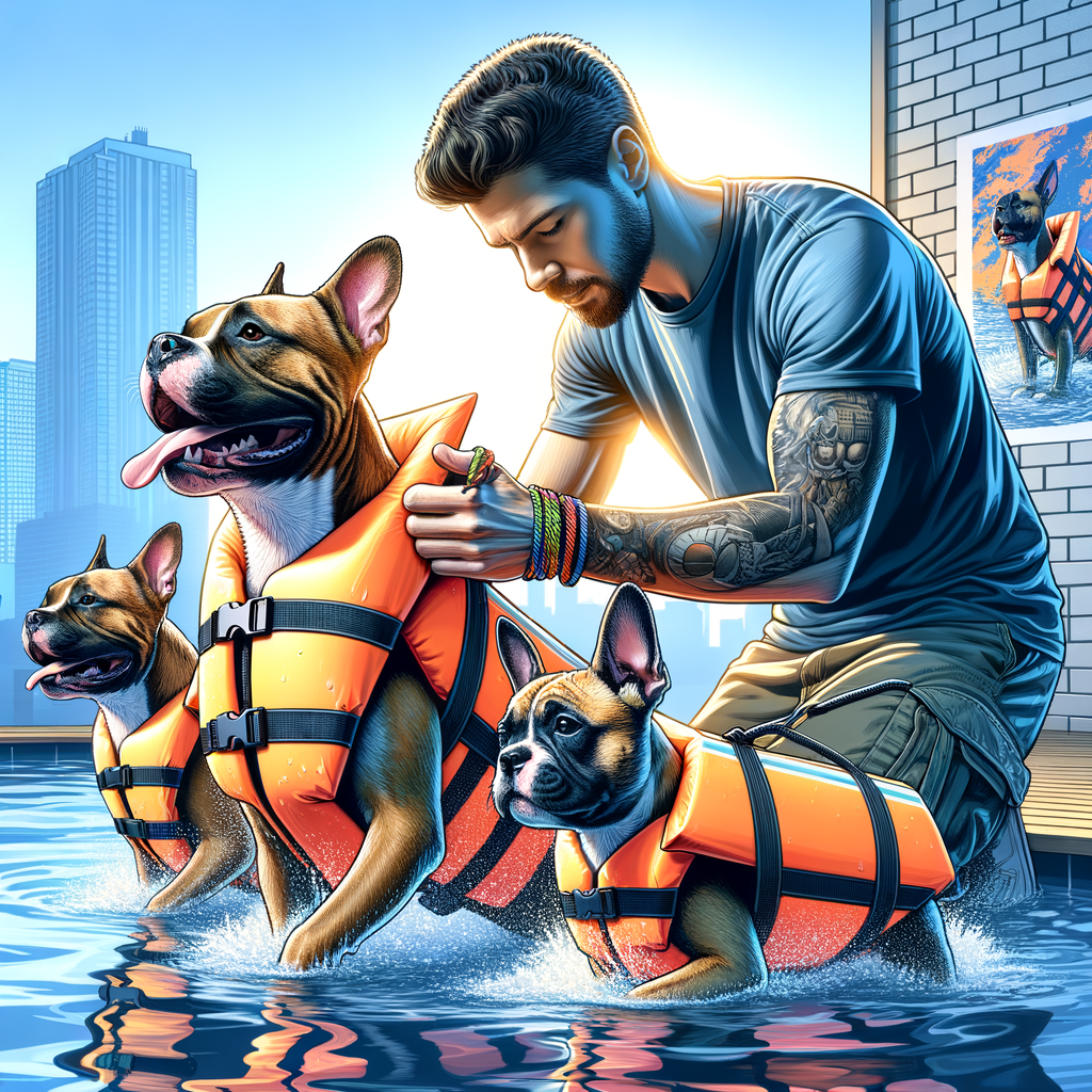 Professional dog trainer teaching Pocket Bullies swim training with safety gear in a pool, highlighting Pocket Bullies water safety tips and precautions for safe swimming.