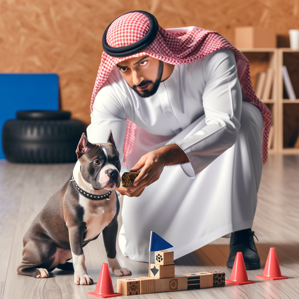 Professional dog trainer engaging a focused Pocket Bully in scent work training, showcasing effective Pocket Bullies behavior training and engagement activities.