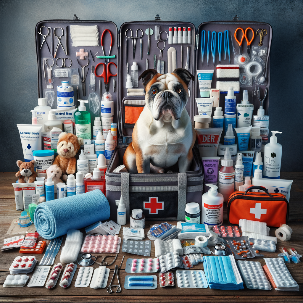 Essential first aid supplies for Pocket Bullies including a well-stocked first aid kit, Pocket Bullies emergency supplies, and health care items for injury treatment and emergency care.