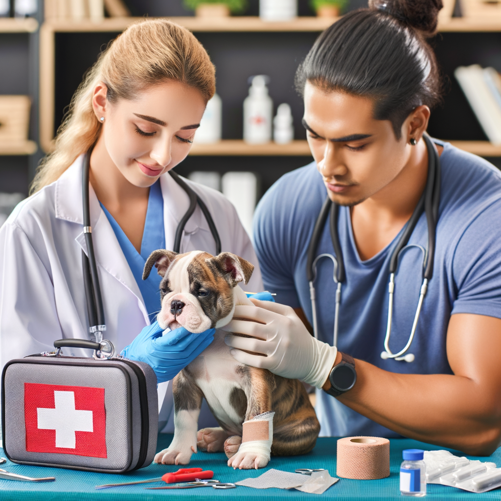 Veterinary doctor providing first aid to an injured Pocket Bully, highlighting essential supplies for dog injuries and the importance of Pocket Bullies injury care.