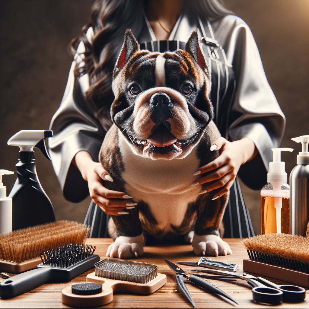 Professional groomer demonstrating Pocket Bullies grooming tips for maintaining a healthy coat, emphasizing the importance of essential grooming and coat care for Pocket Bullies' health.