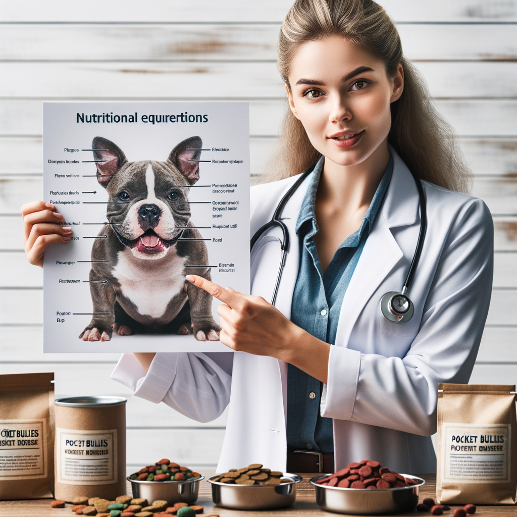 Veterinarian discussing Pocket Bullies nutrition and dietary needs, with a chart and table showcasing the best food for Pocket Bullies to meet their health and nutritional requirements.