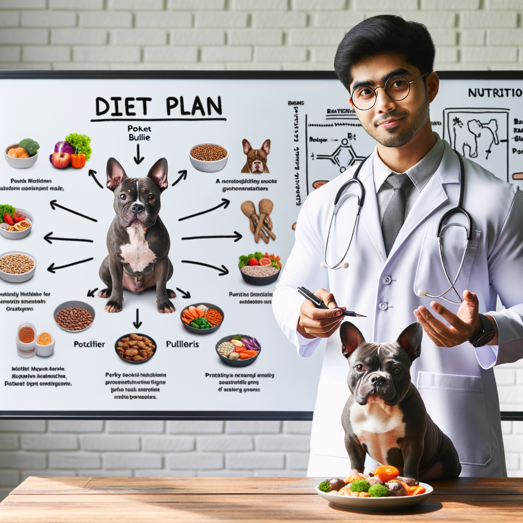 Veterinarian explaining Pocket Bullies diet plan and nutritional guidelines on a whiteboard, showcasing best food for Pocket Bullies for a healthy diet and proper nutrition.