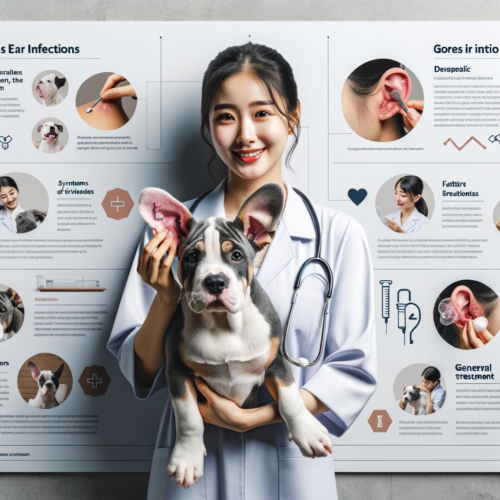 Veterinarian demonstrating ear cleaning for Pocket Bullies to prevent ear infections, with infographic on dog ear infection symptoms, causes, and treatments specific to Pocket Bullies, and sidebar on Pocket Bullies health care and ear health maintenance tips.
