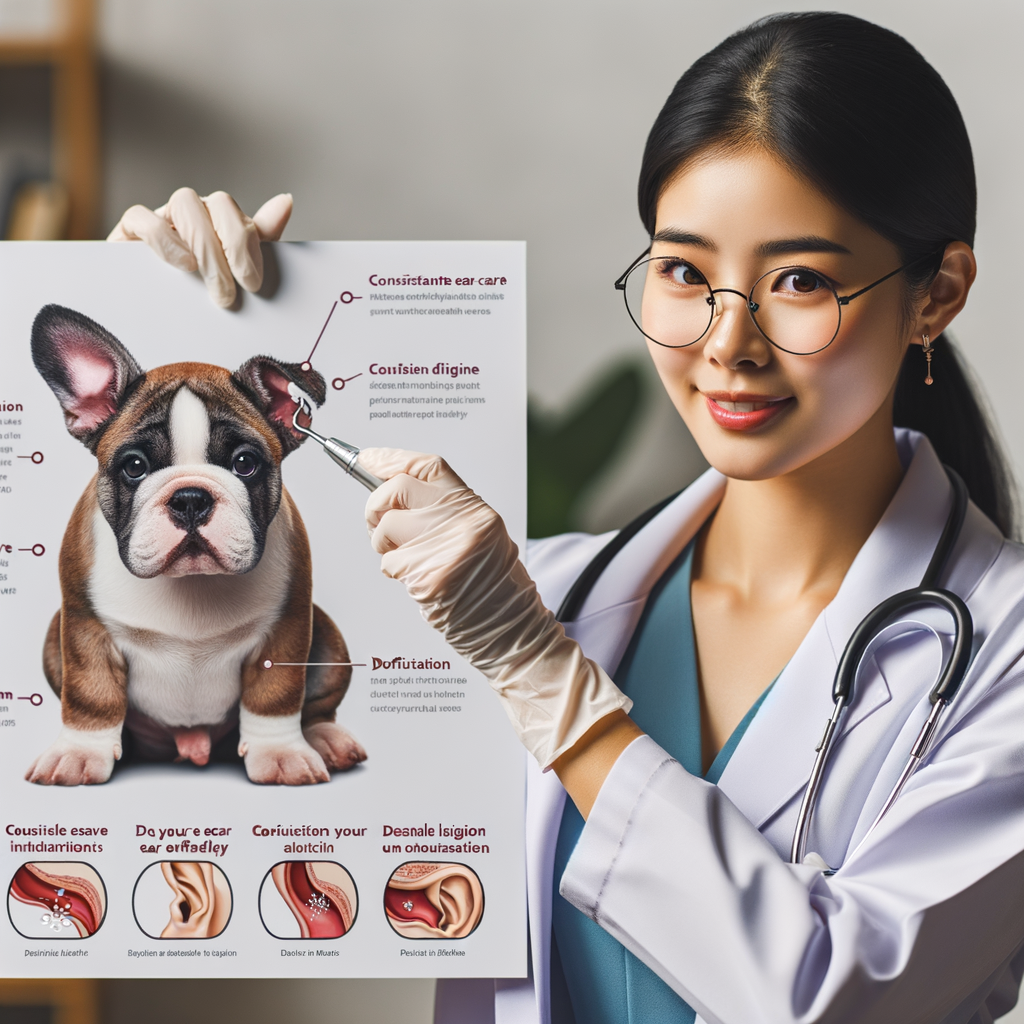 Veterinarian demonstrating Pocket Bullies ear care and infection prevention, highlighting the importance of regular ear hygiene to prevent ear irritations, with an infographic on ear health and care tips for Pocket Bullies.