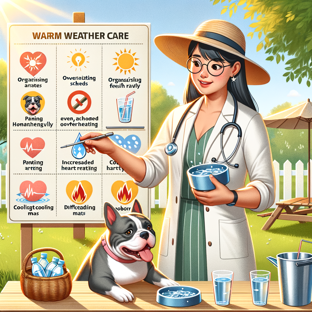 Veterinarian demonstrating warm weather care and overheating prevention methods for Pocket Bullies, highlighting signs of heatstroke and emphasizing the importance of summer care for their health.