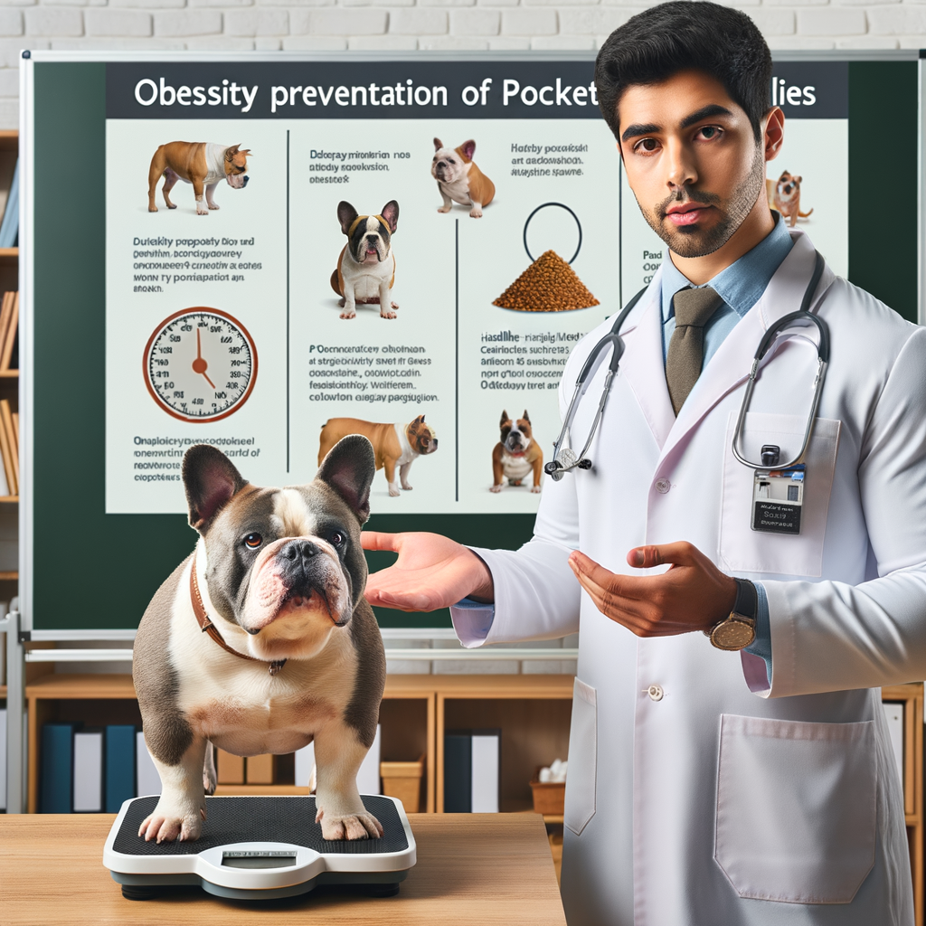 Veterinarian lecturing on obesity prevention in dogs, focusing on Pocket Bullies diet, exercise, and nutrition, with infographics and charts showing healthy weight for Pocket Bullies and an overweight Pocket Bullie being weighed for weight management.