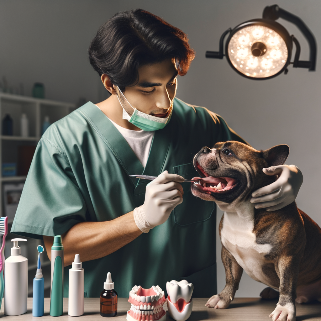 Veterinarian demonstrating teeth cleaning for Pocket Bullies with dental care products, emphasizing the importance of maintaining dental health and oral hygiene in Pocket Bullies for optimal overall oral health.