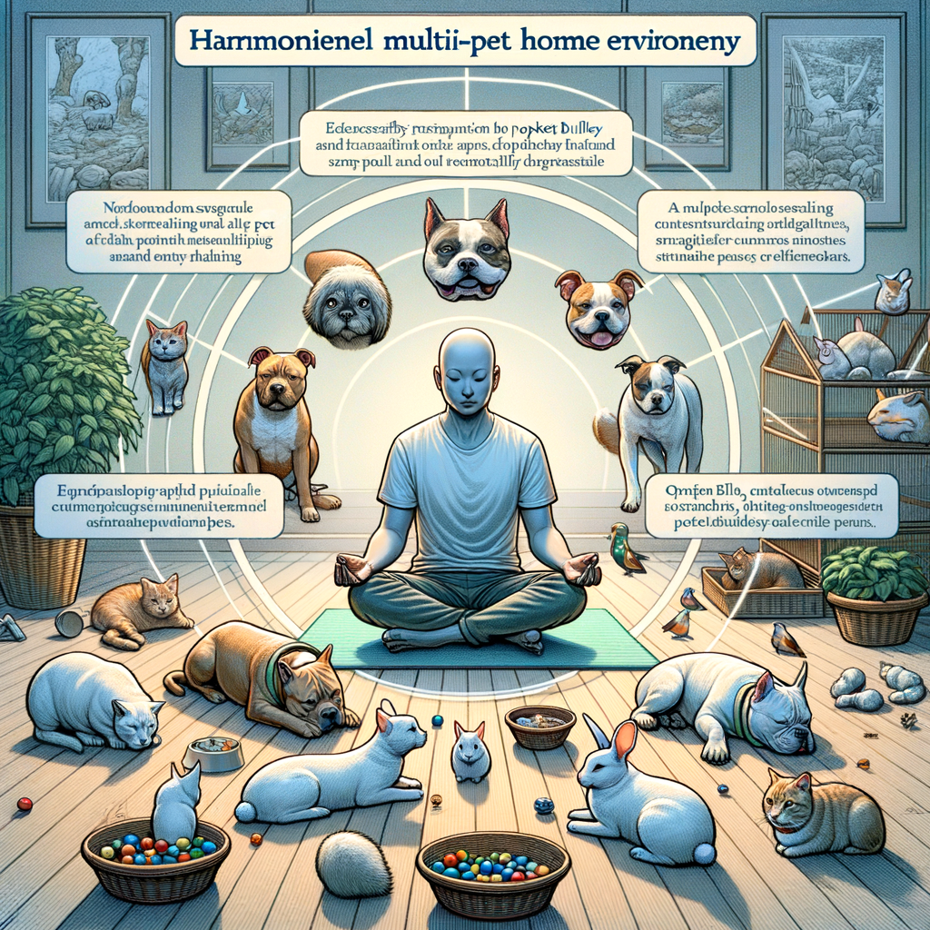 Pet owner implementing harmony strategies in a multi-pet home with Pocket Bullies and other pets, showcasing effective multi-pet home management and Pocket Bullies care.