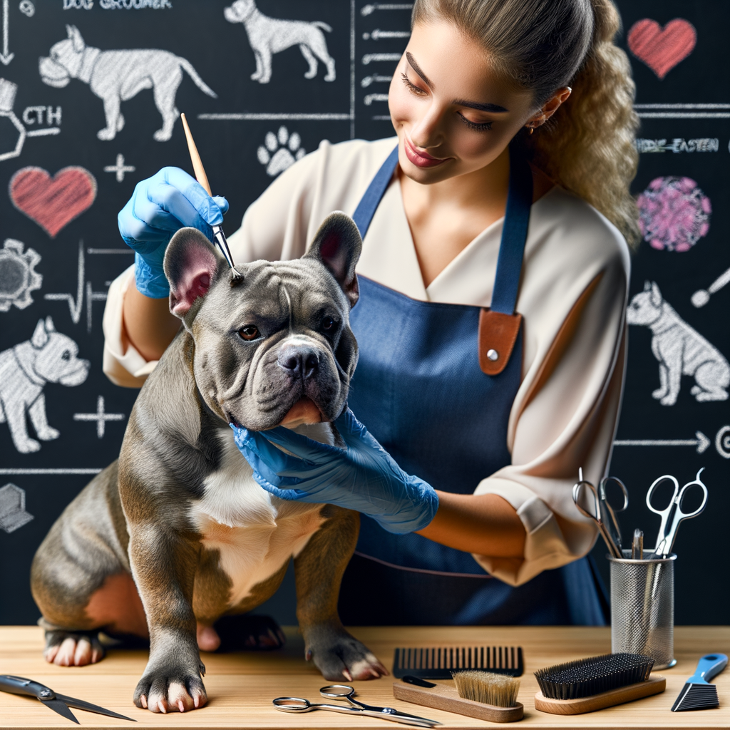 Professional dog groomer demonstrating essential Pocket Bullies grooming tips and coat care using grooming essentials like brushes and shears for maintaining Pocket Bullies' coats.