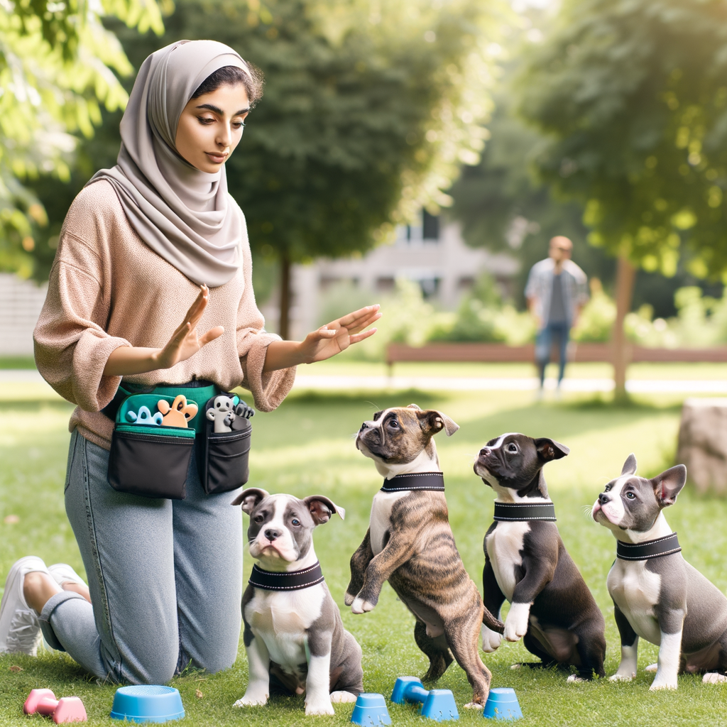 Professional dog trainer conducting Pocket Bullies behavior training in a park, emphasizing on proper socialization for Pocket Bullies and showcasing social skills for Pocket Bullies as part of their care and upbringing.