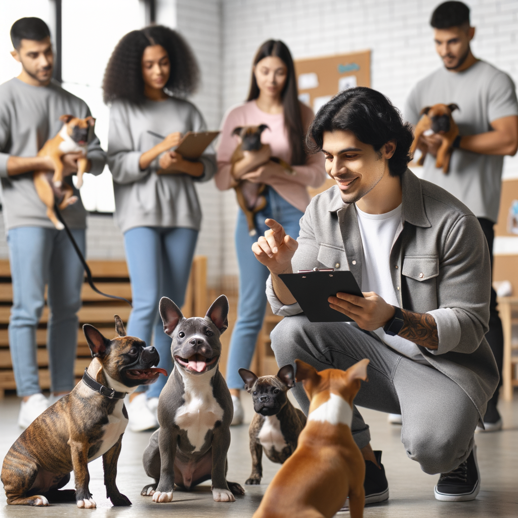 Professional dog trainer teaching effective socialization techniques to attentive Pocket Bullies, emphasizing positive behavior reinforcement and interaction, providing training tips for socializing Pocket Bullies.