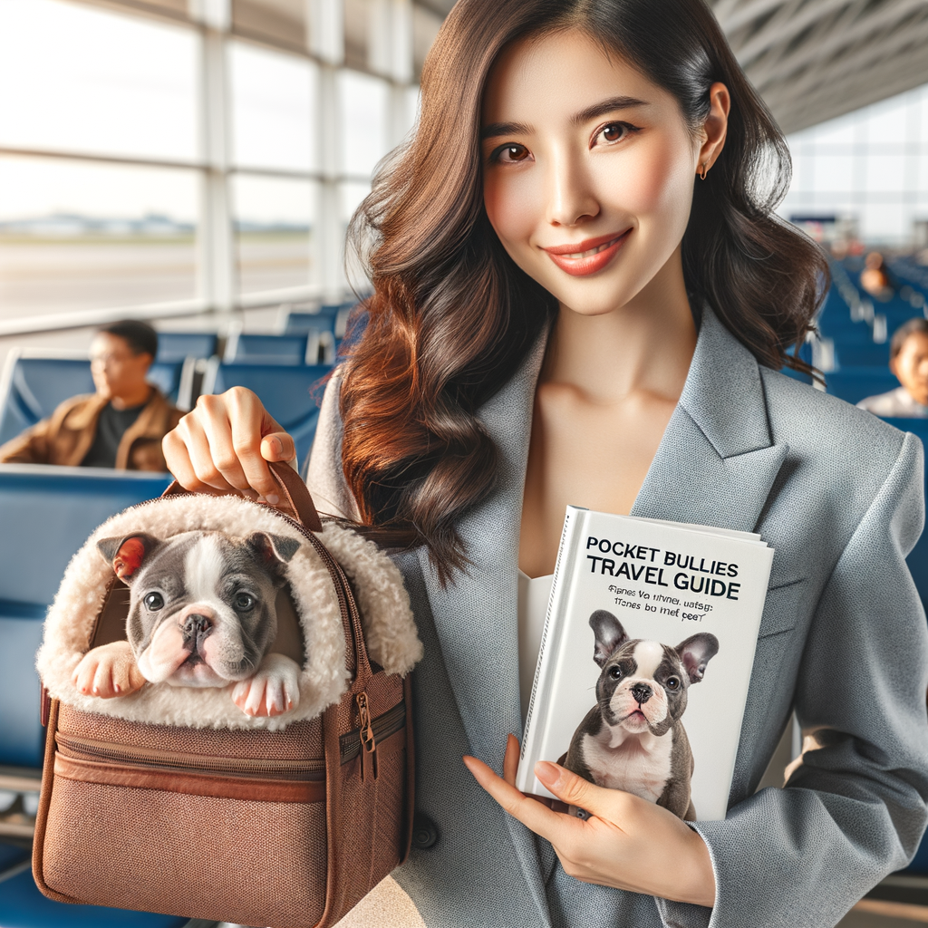 Professional woman managing travel essentials with Pocket Bullies in airline-approved pet carrier, referencing 'Pocket Bullies Travel Guide' for stress-free pet travel tips