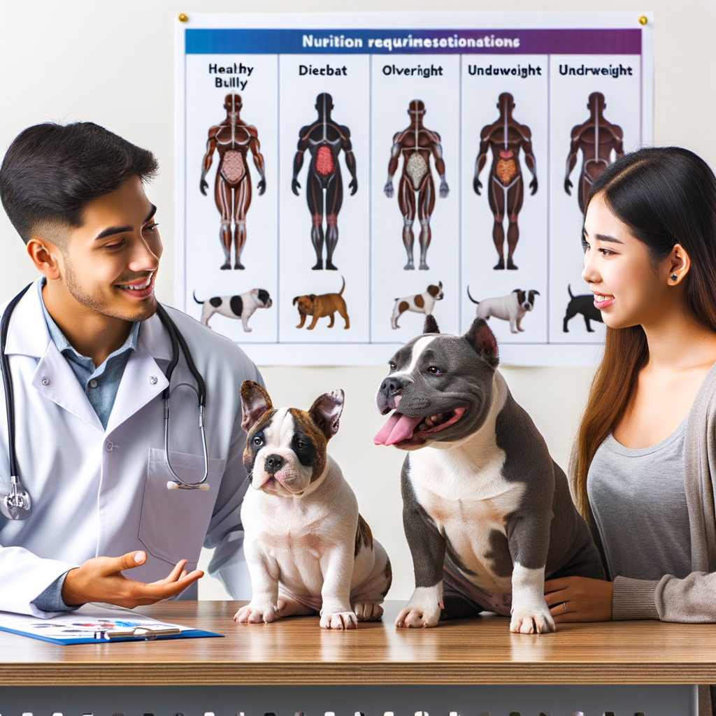 Veterinarian discussing Pocket Bullies weight management, diet, exercise routine, and health care with images of healthy, overweight, and underweight Pocket Bullies for comparison.