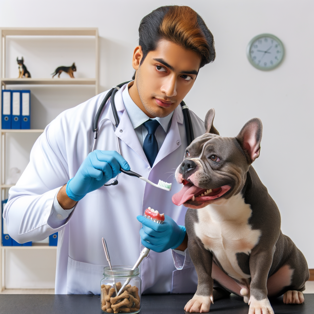 Veterinarian demonstrating ideal dental care for Pocket Bullies, emphasizing on brushing, dental treats, and regular check-ups for maintaining oral hygiene and dental health.