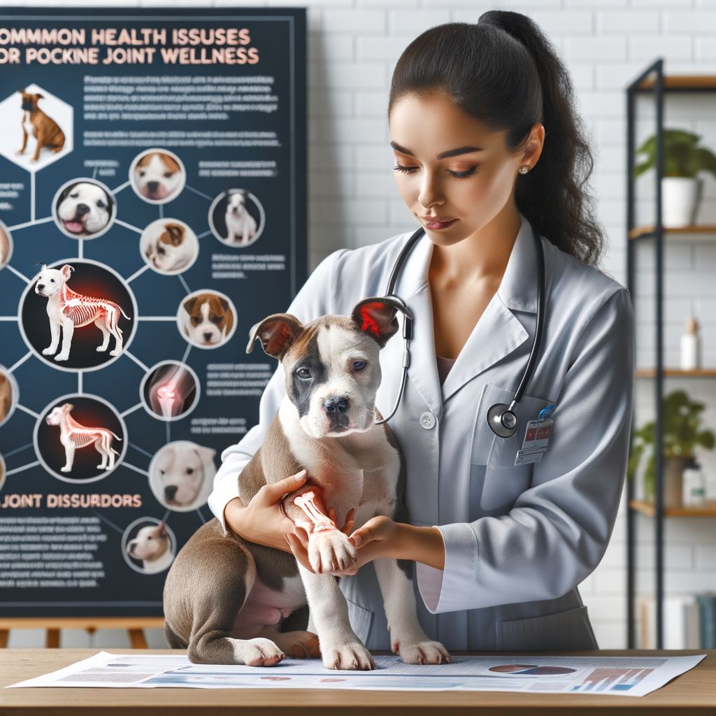 Veterinarian demonstrating joint care for Pocket Bullies breed, focusing on canine joint health and prevention of joint problems in dogs, with a chart on Pocket Bullies health issues in the background.