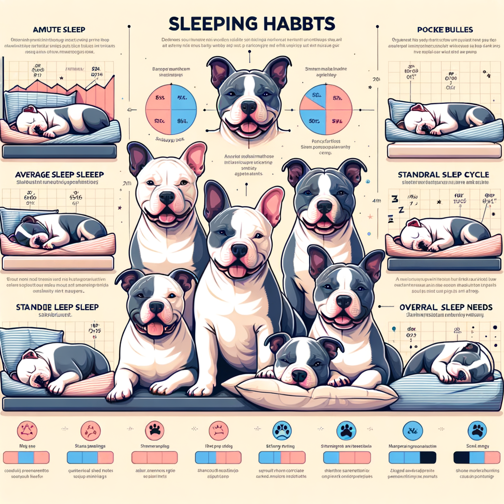 Infographic illustrating the sleeping patterns of Pocket Bullies, their sleep requirements, duration, cycle, and behavior to understand how much sleep do Pocket Bullies need.