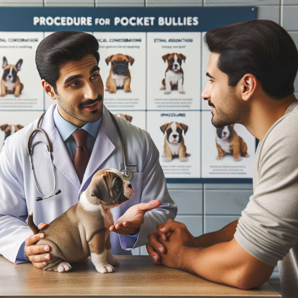 Vet discussing Pocket Bullies tail docking considerations, pros and cons, and the tail docking process for small breeds, emphasizing on ethical considerations for tail docking.