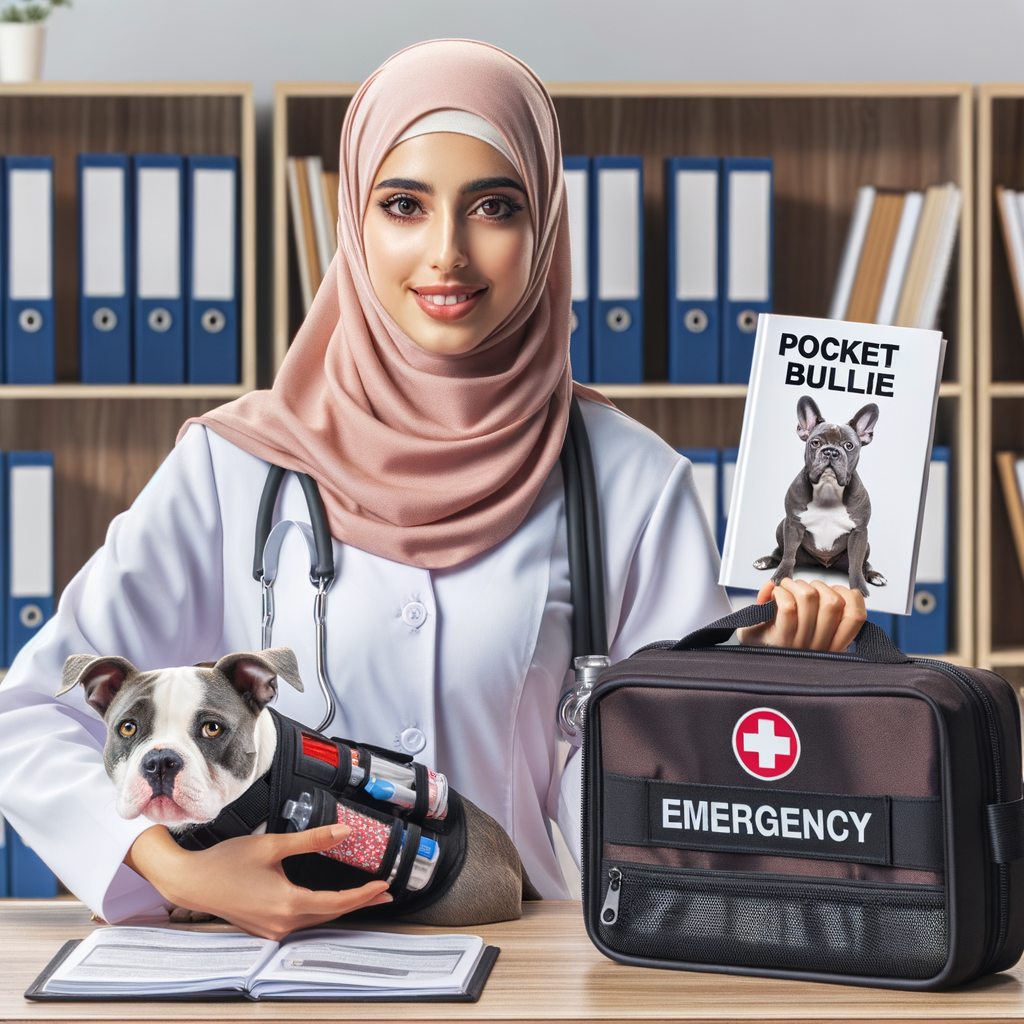 Veterinarian demonstrating Pocket Bullies emergency preparation with a comprehensive emergency kit, guidebook on Pocket Bullies emergency care and training, highlighting the importance of emergency readiness and health care for Pocket Bullies.
