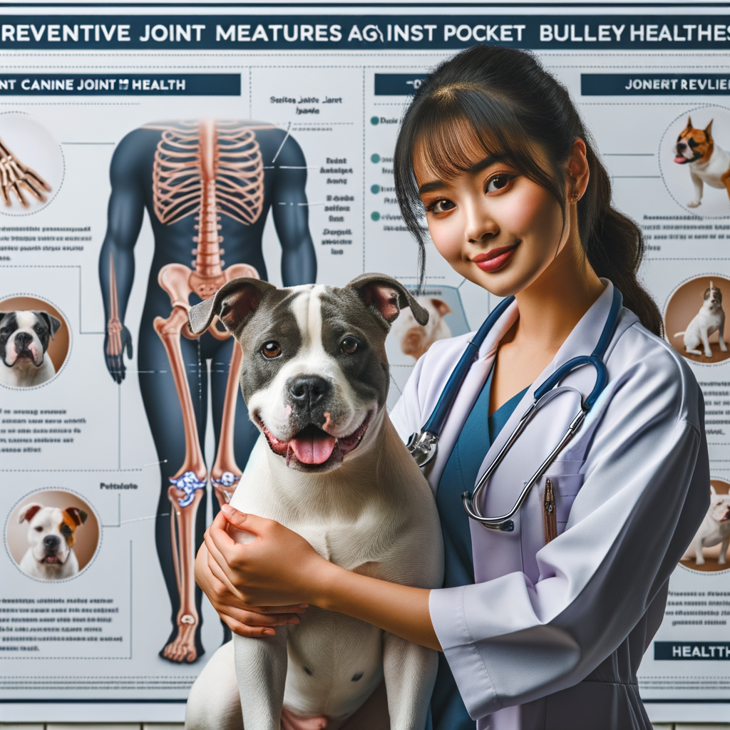 Veterinarian demonstrating Pocket Bullies joint health measures and prevention techniques, with a canine joint health chart and Pocket Bullies health tips in the background.