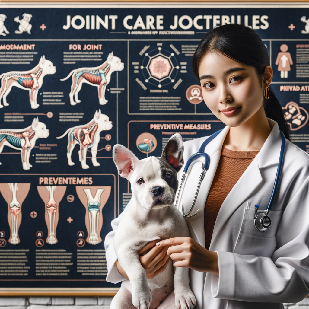 Veterinarian demonstrating joint care for Pocket Bullies health measures, with an infographic on preventing joint issues in Pocket Bullies for optimal joint health.