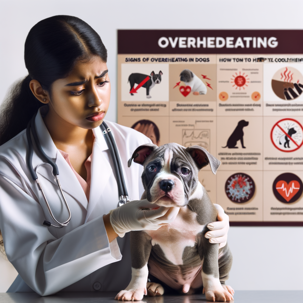 Veterinarian examining a Pocket Bully showing signs of overheating, with infographic on symptoms, prevention and cooling methods for overheating in dogs, highlighting Pocket Bullies health issues and care tips.