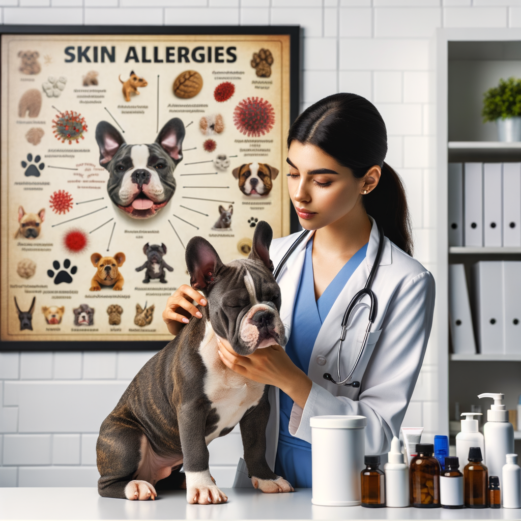 Veterinarian identifying and treating skin allergies in Pocket Bullies, with allergy symptoms chart and remedies for maintaining skin health in Pocket Bullies.