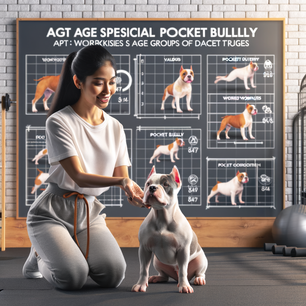 Professional trainer demonstrating age-appropriate Pocket Bullies exercises in a dog gym, with a clear Pocket Bullies workout guide for various ages displayed in the background, emphasizing Pocket Bullies fitness and exercise routine.
