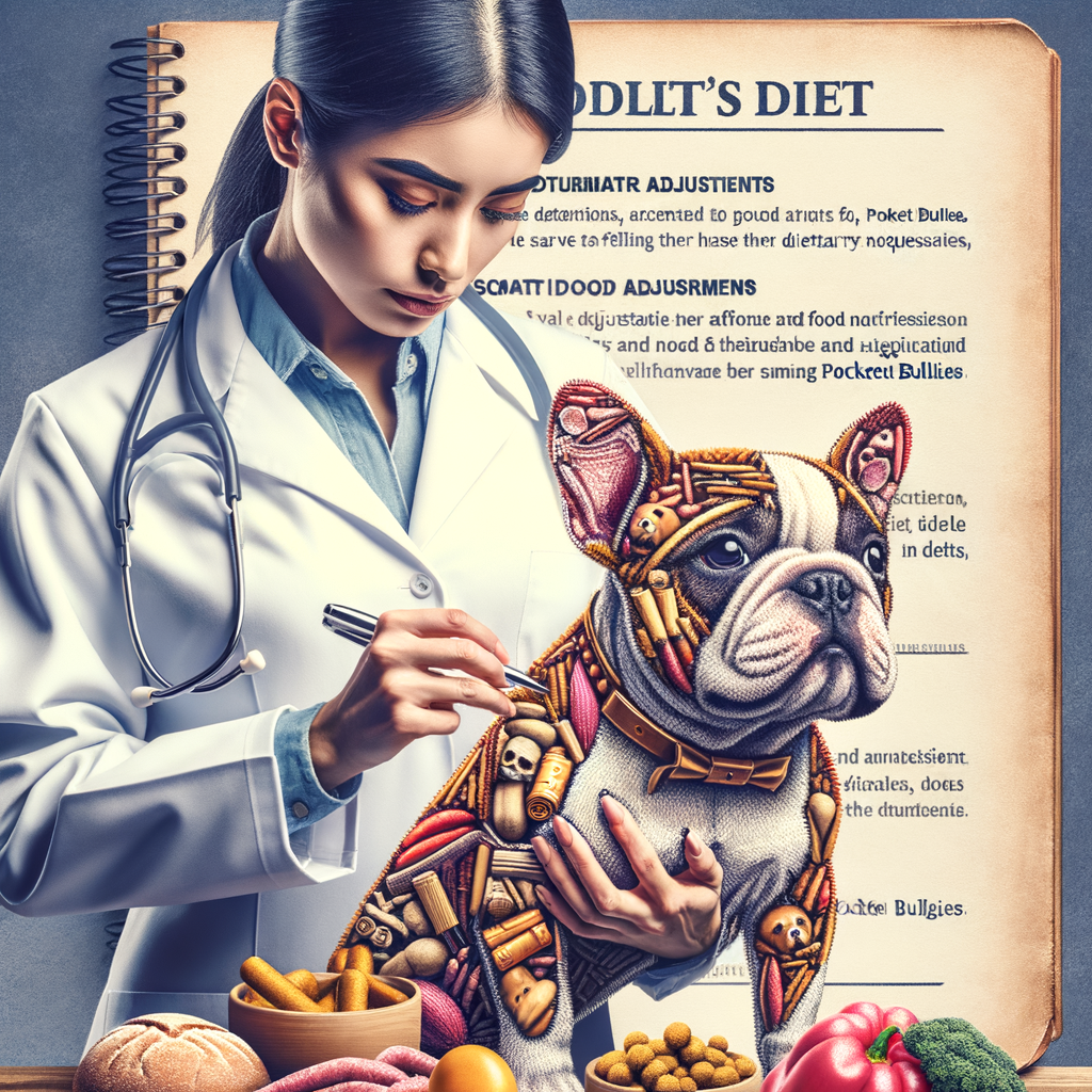 Veterinarian adjusting Pocket Bullies diet with nutritious foods, showcasing a diet guide and tips to meet the nutritional needs of Pocket Bullies, emphasizing diet changes and food adjustments.