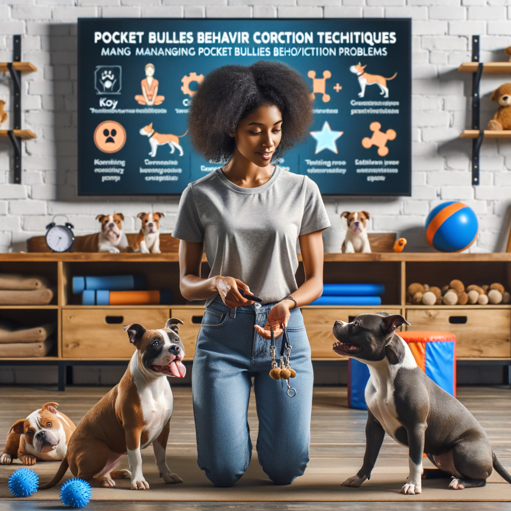 Professional dog trainer addressing Pocket Bullies behavior problems and demonstrating Pocket Bullies behavior correction techniques, with infographics providing Pocket Bullies training tips, discipline methods, and solutions for managing behavior issues.