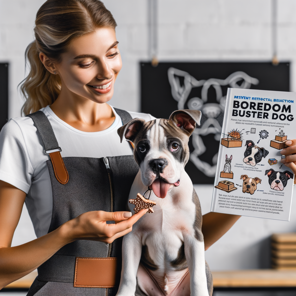 Dog trainer using Boredom Busters for dogs and Pocket Bullies training guide to prevent destructive behavior and manage Pocket Bullies behavior effectively with interactive toys and puzzles.
