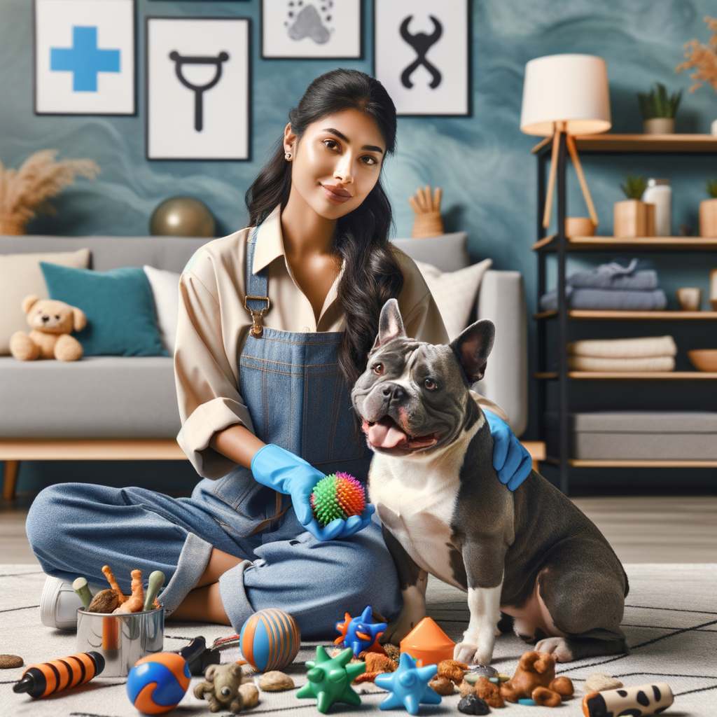 Professional dog trainer demonstrating Pocket Bullies anxiety solutions and separation anxiety treatments, using toys and treats in a calming environment for effective anxiety relief and prevention strategies.
