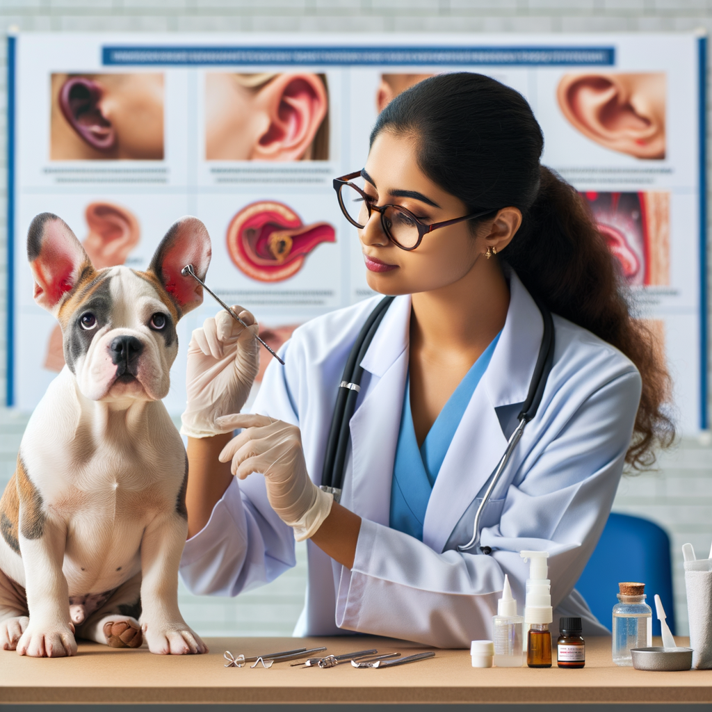 Veterinarian demonstrating Pocket Bullies ear infection prevention and treatment methods, showcasing ear care tools, symptoms chart, and health tips for maintaining ear health in Pocket Bullies.