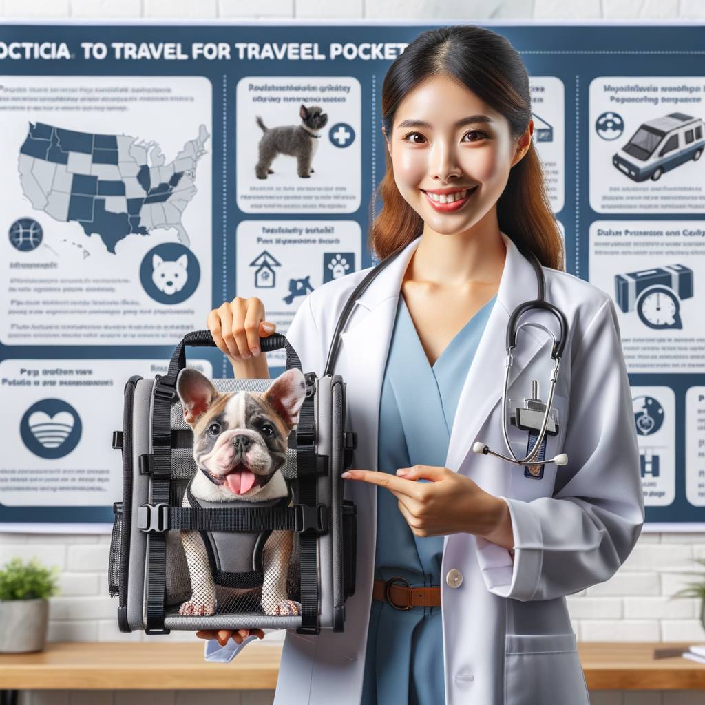 Veterinarian demonstrating Pocket Bullies travel safety methods including secure carrier and harness, with a Pocket Bullies travel guide and safety tips in the background for safe pet travel.