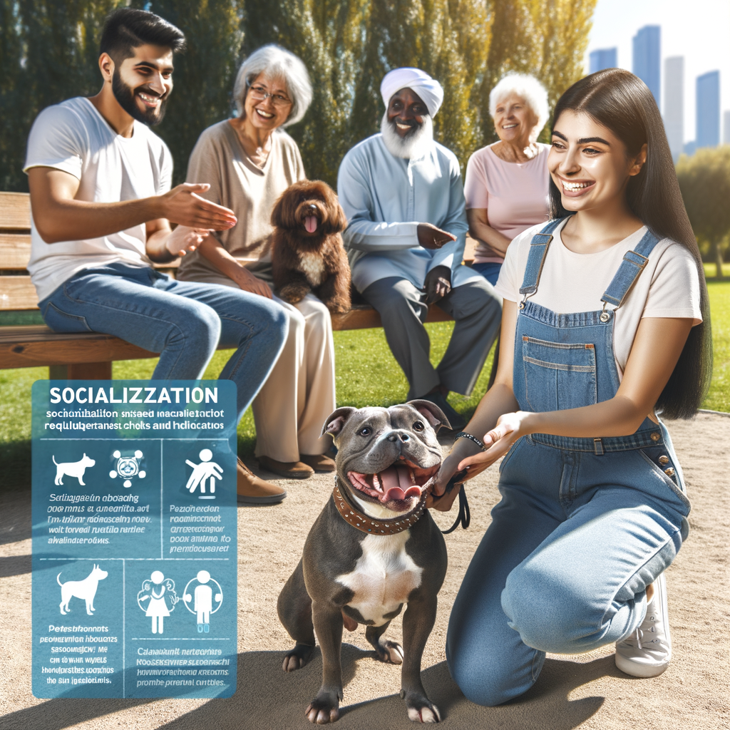 Professional dog trainer actively socializing and training a playful Pocket Bully in a park, demonstrating the socialization needs and behavior of Pocket Bullies, with text overlays providing Pocket Bullies training tips and insights into understanding their social behavior.