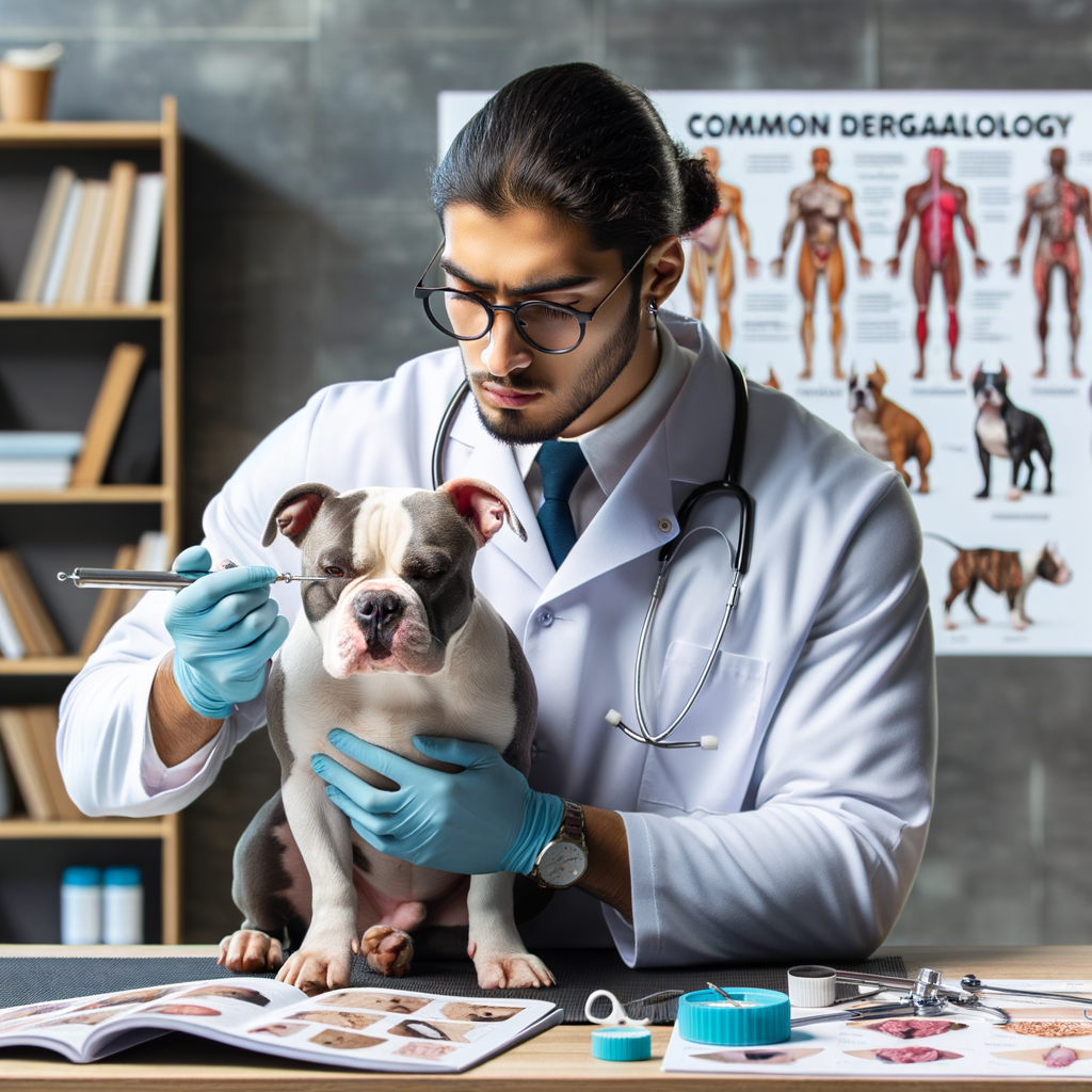 Veterinarian examining Pocket Bully for skin conditions, using dermatological tools and guides to identify and treat common skin diseases, promoting Pocket Bullies skin health awareness.